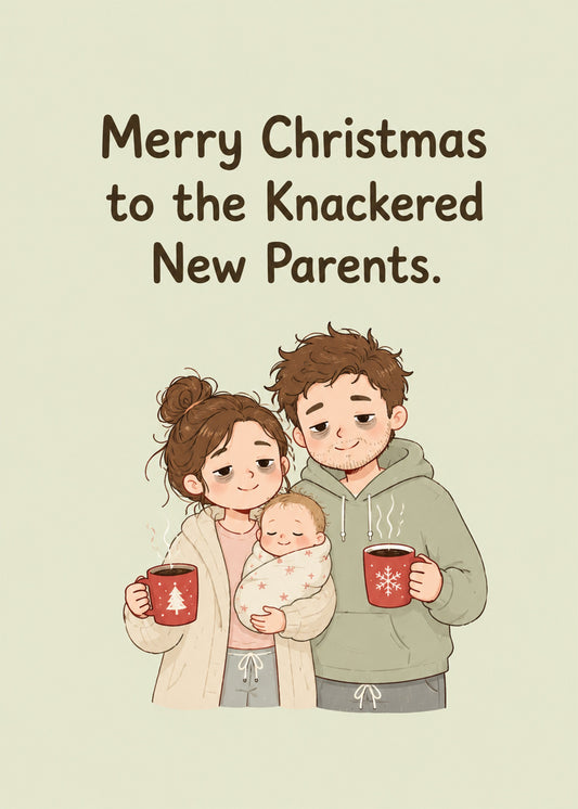 Cute Christmas card showing an illustrated tired couple holding a swaddled newborn and mugs of coffee, by Gigglz