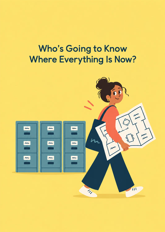Funny leaving card showing a departing colleague walking off with the office floor plans past a bank of filing, by Gigglz