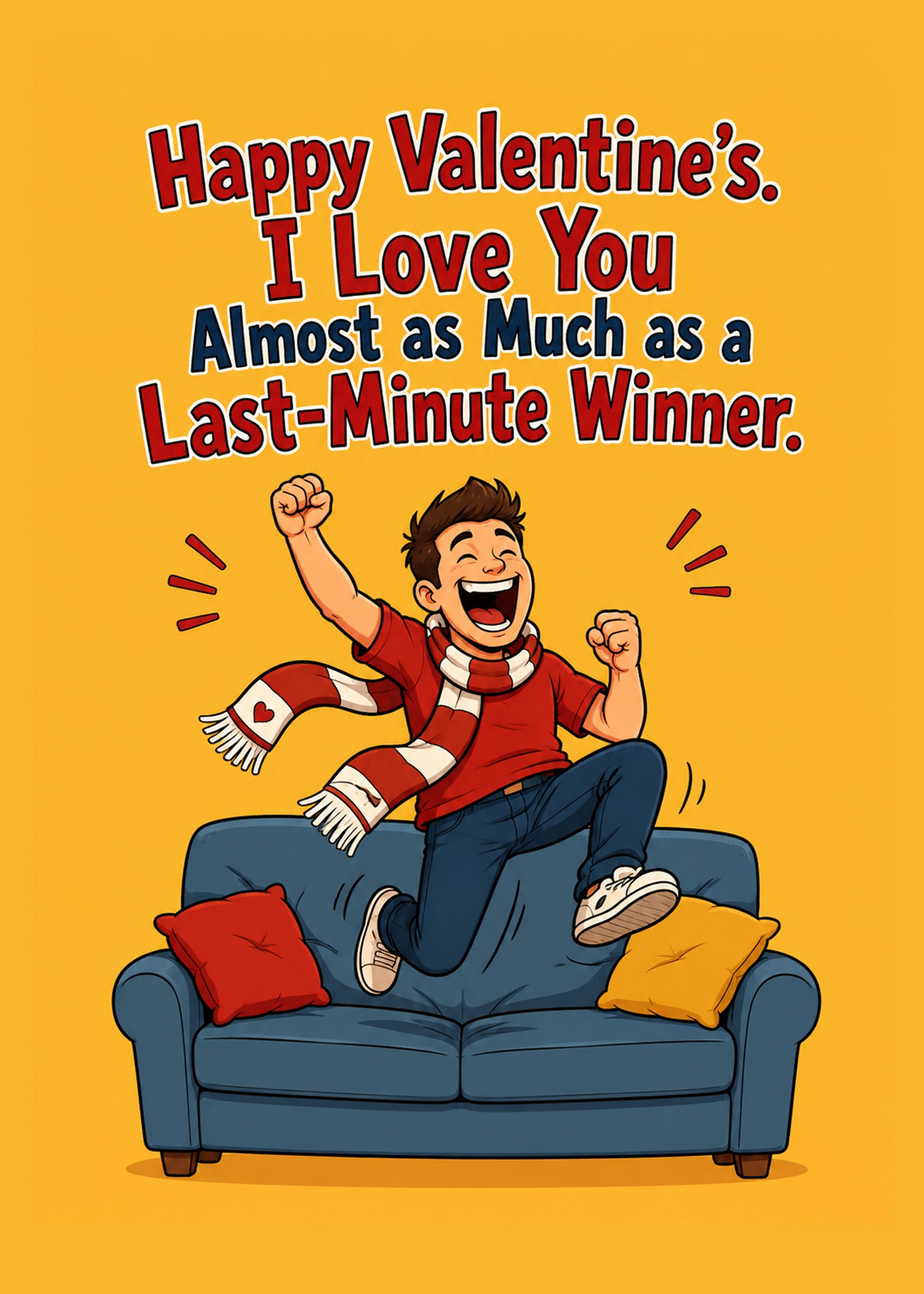 Funny Valentine's card showing an ecstatic football fan in a red scarf leaping on the sofa, by Gigglz