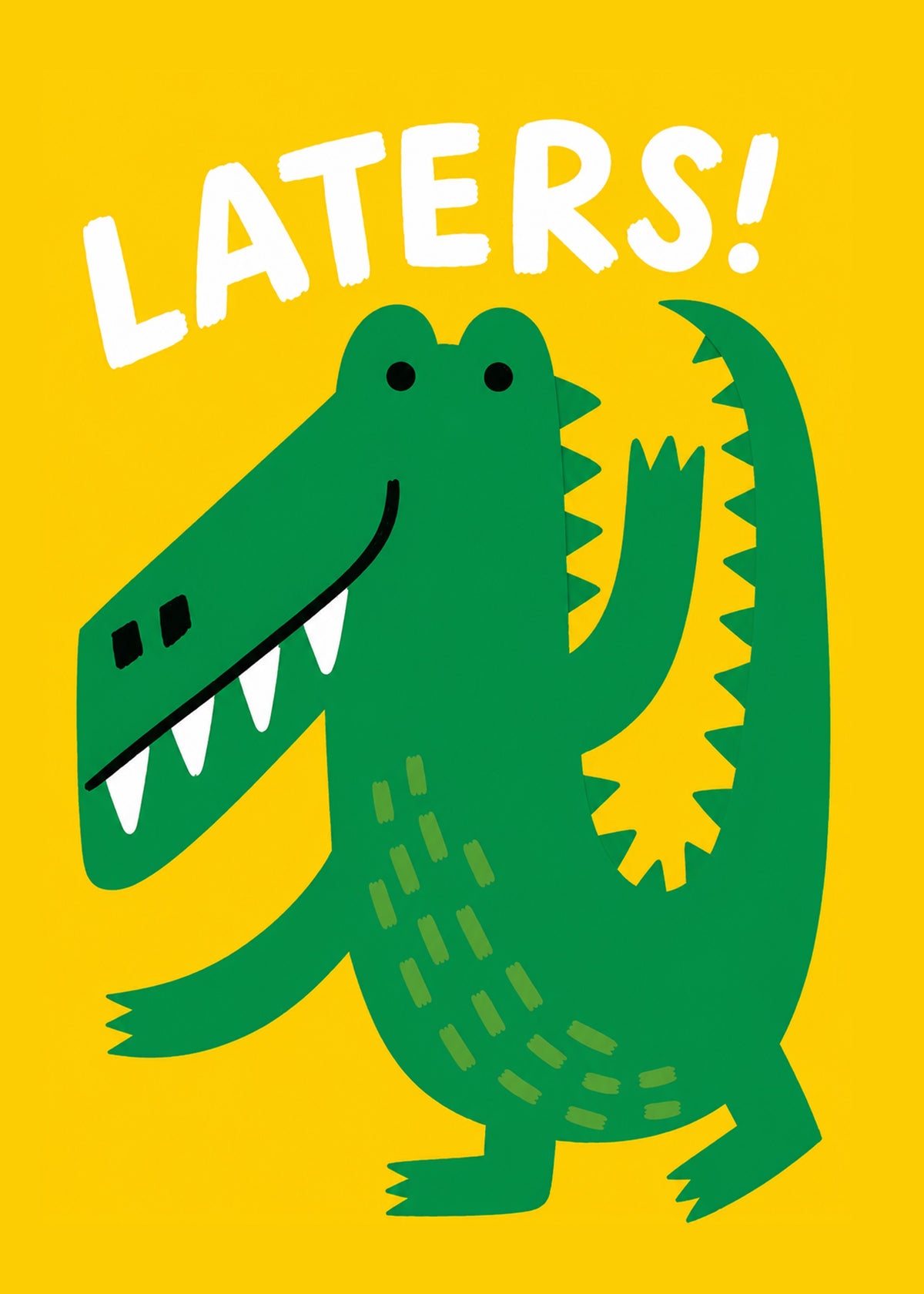 Cute leaving card showing a cheerful cut-paper style green crocodile, with Laters text, by Gigglz