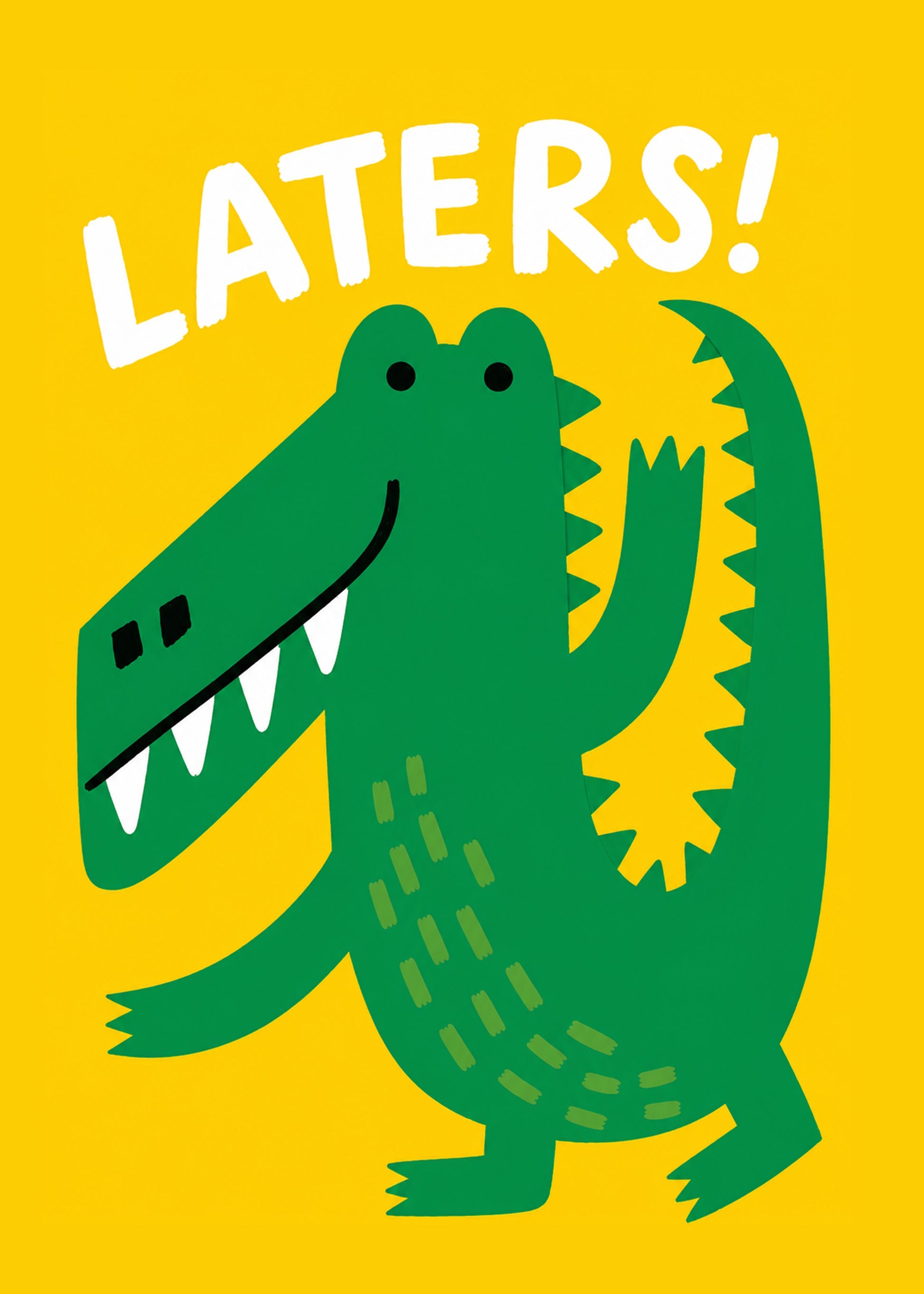 Cute leaving card showing a cheerful cut-paper style green crocodile, with Laters text, by Gigglz