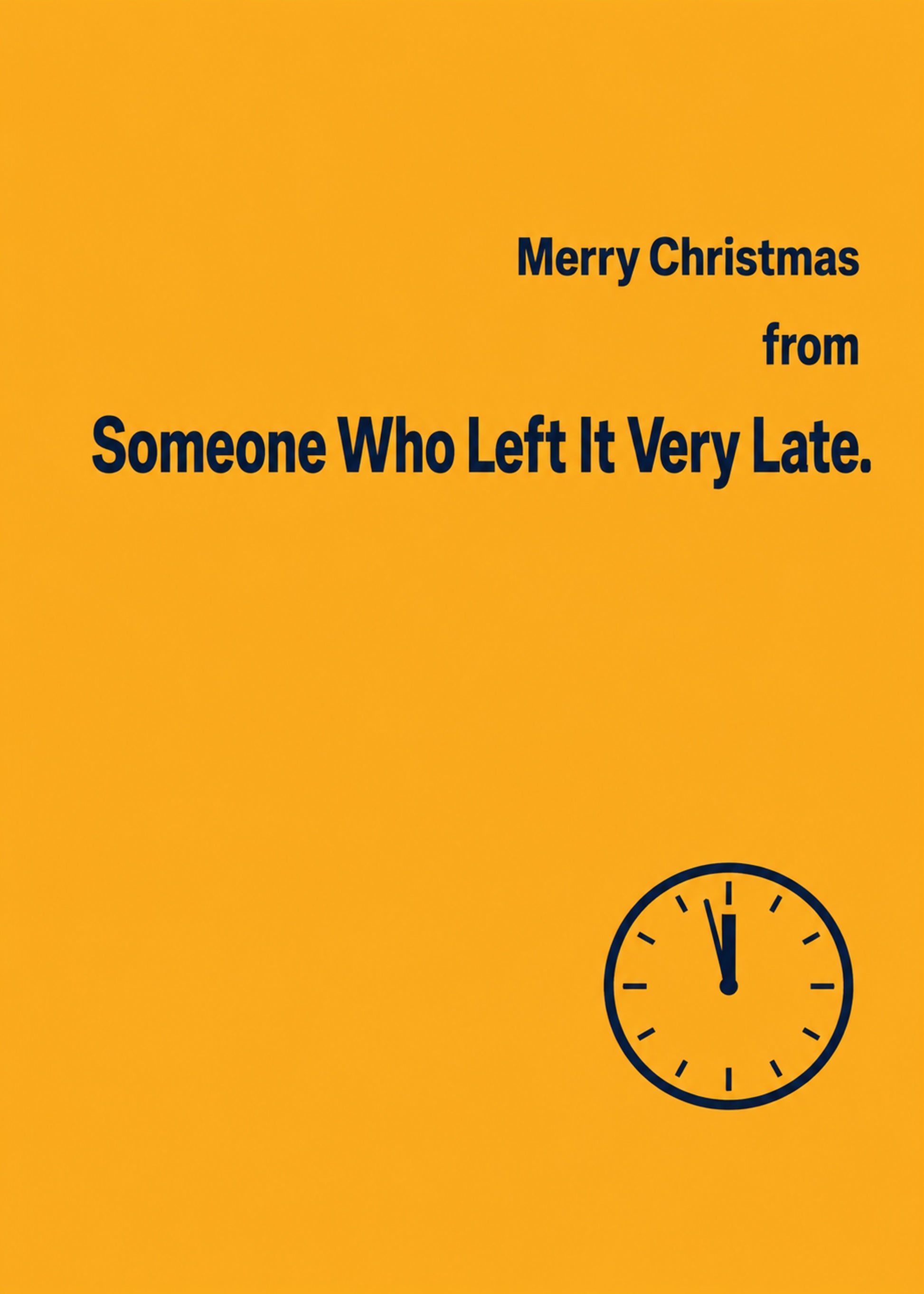 Funny Christmas card showing bold type with a clock approaching midnight, by Gigglz
