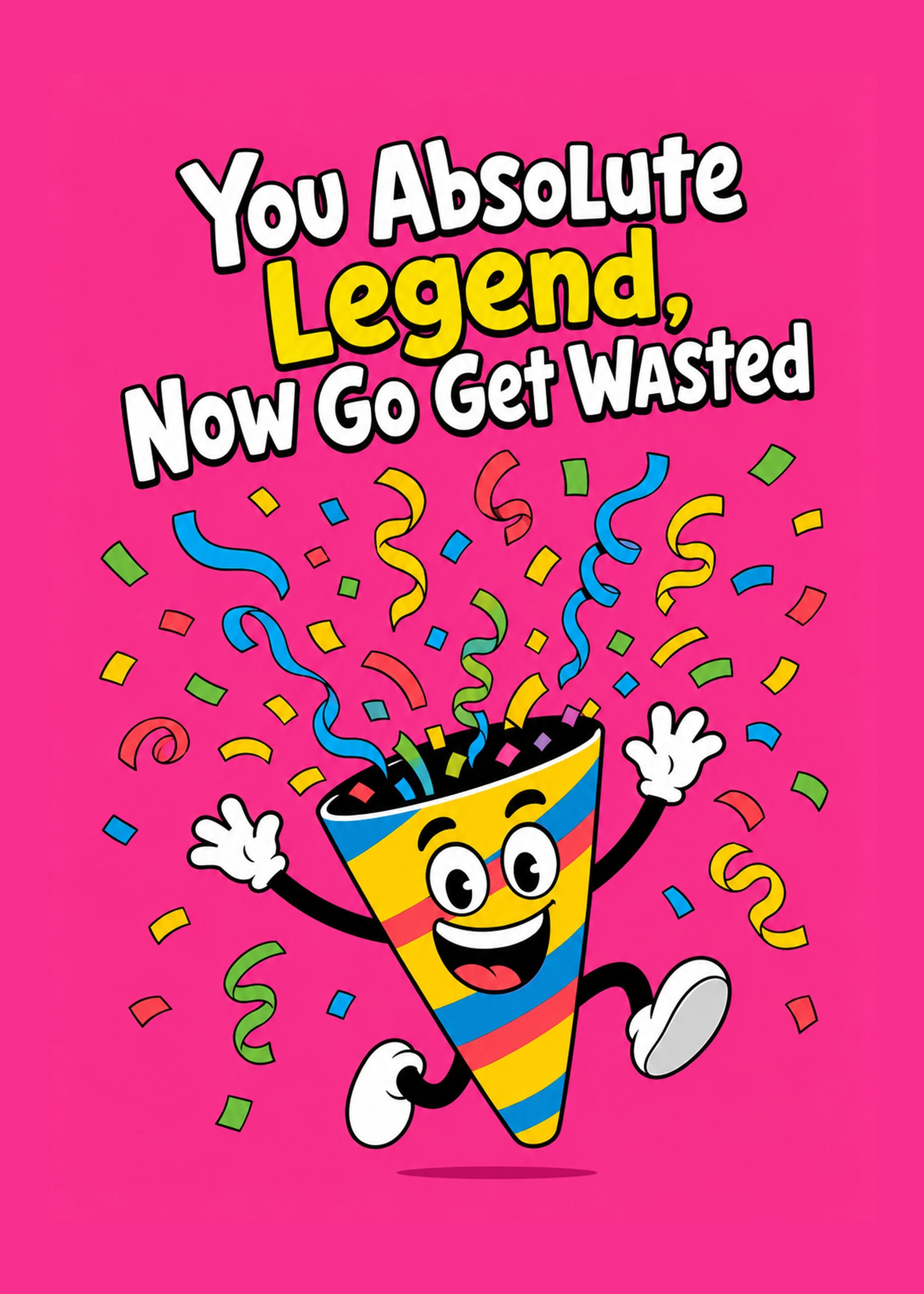 Funny congratulations card showing a grinning cartoon party-popper character bursting with confetti, by Gigglz