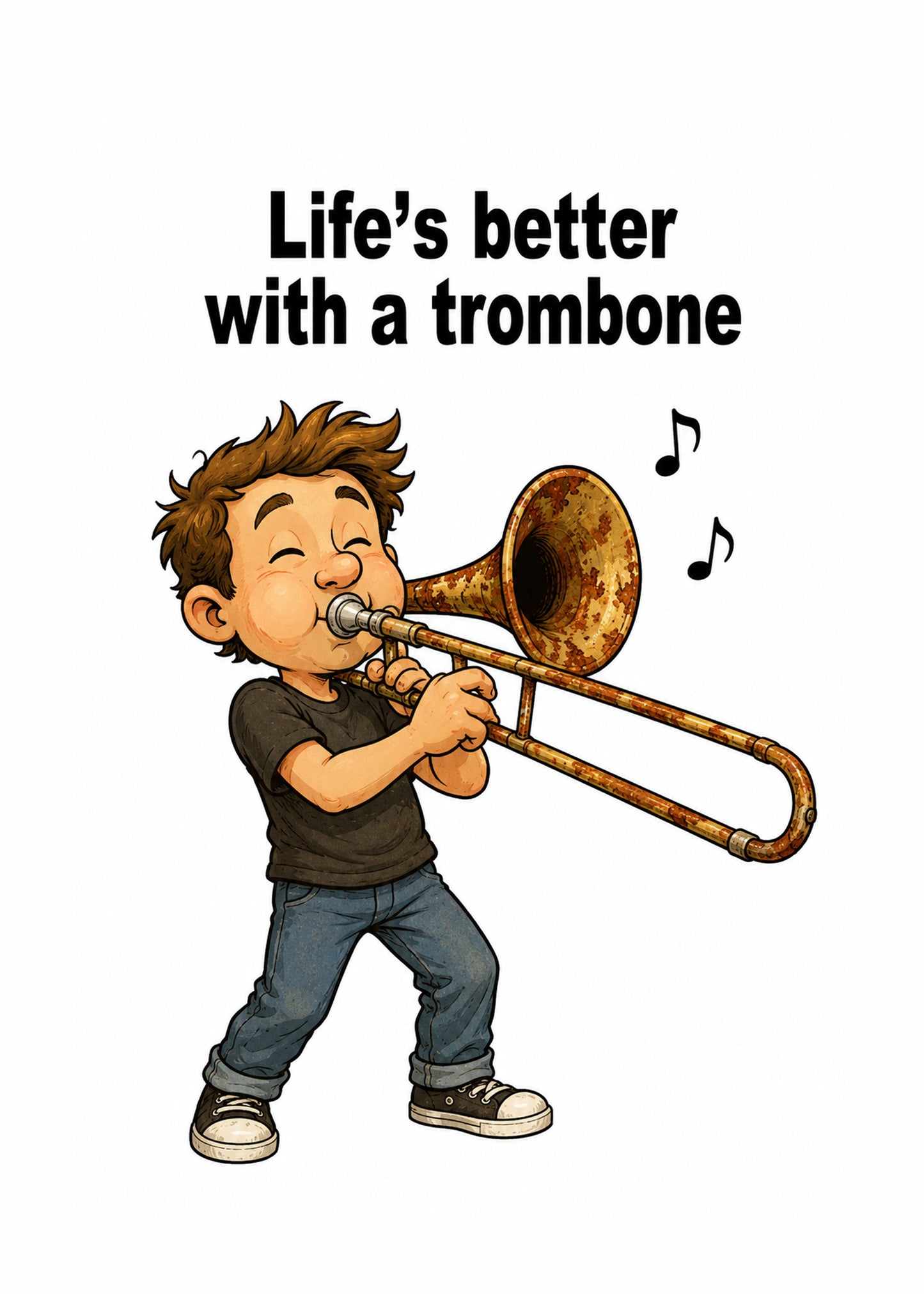 Funny everyday card showing a cartoon lad enthusiastically playing a rusty trombone, by Gigglz