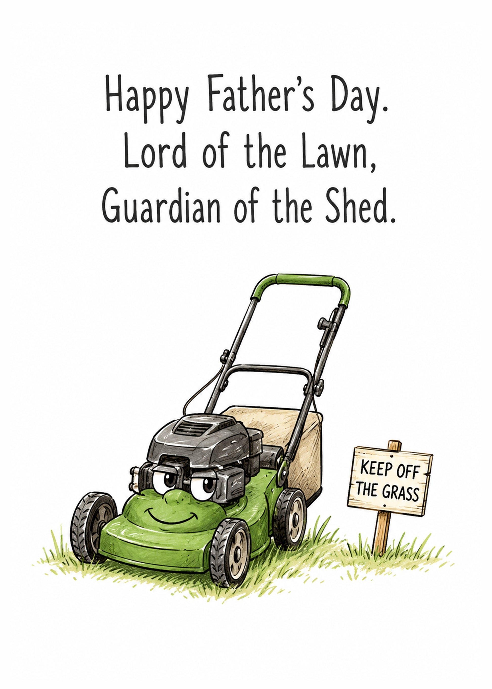 Funny Father's Day card showing a smiling lawnmower beside a Keep Off the Grass sign, with Lord of the Lawn text, by Gigglz