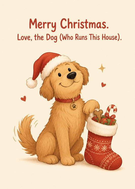 Cute Christmas card showing a cute golden puppy in a Santa hat beside a stuffed stocking, by Gigglz