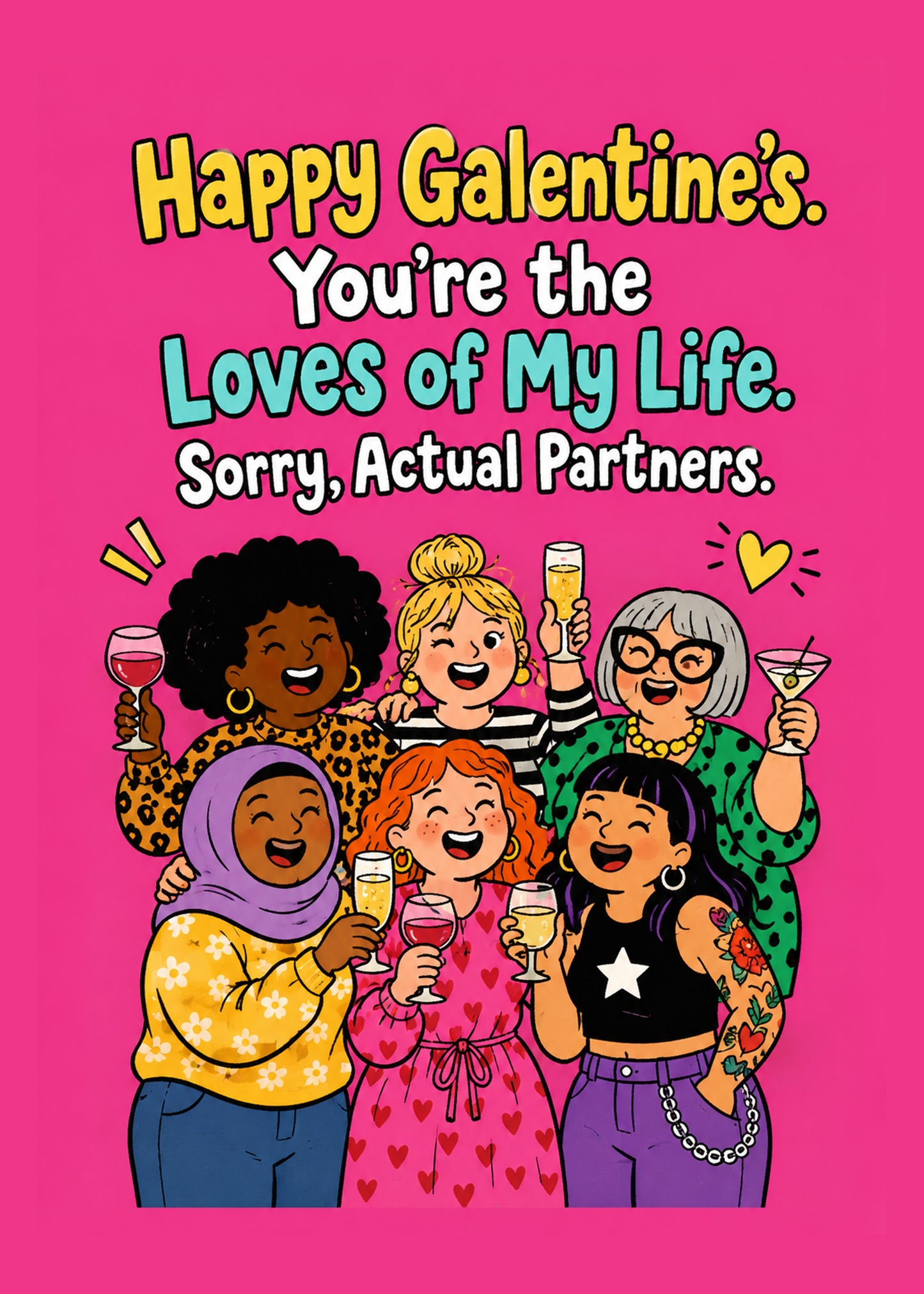 Funny friendship card showing a joyful diverse group of women raising drinks together, by Gigglz