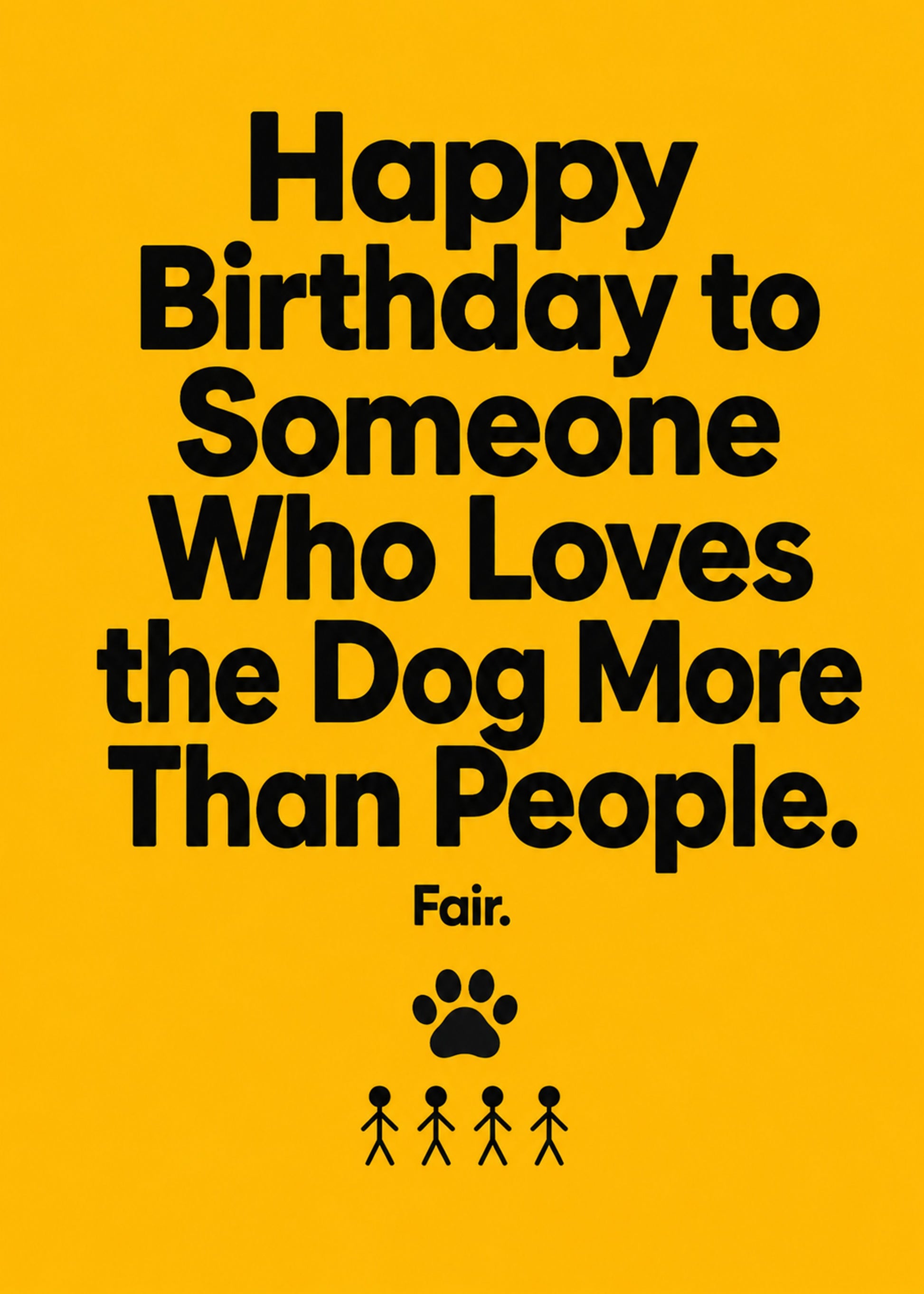 Funny birthday card showing bold type with a paw print above small stick figures, by Gigglz