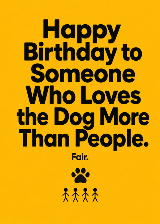 Funny birthday card showing bold type with a paw print above small stick figures, by Gigglz