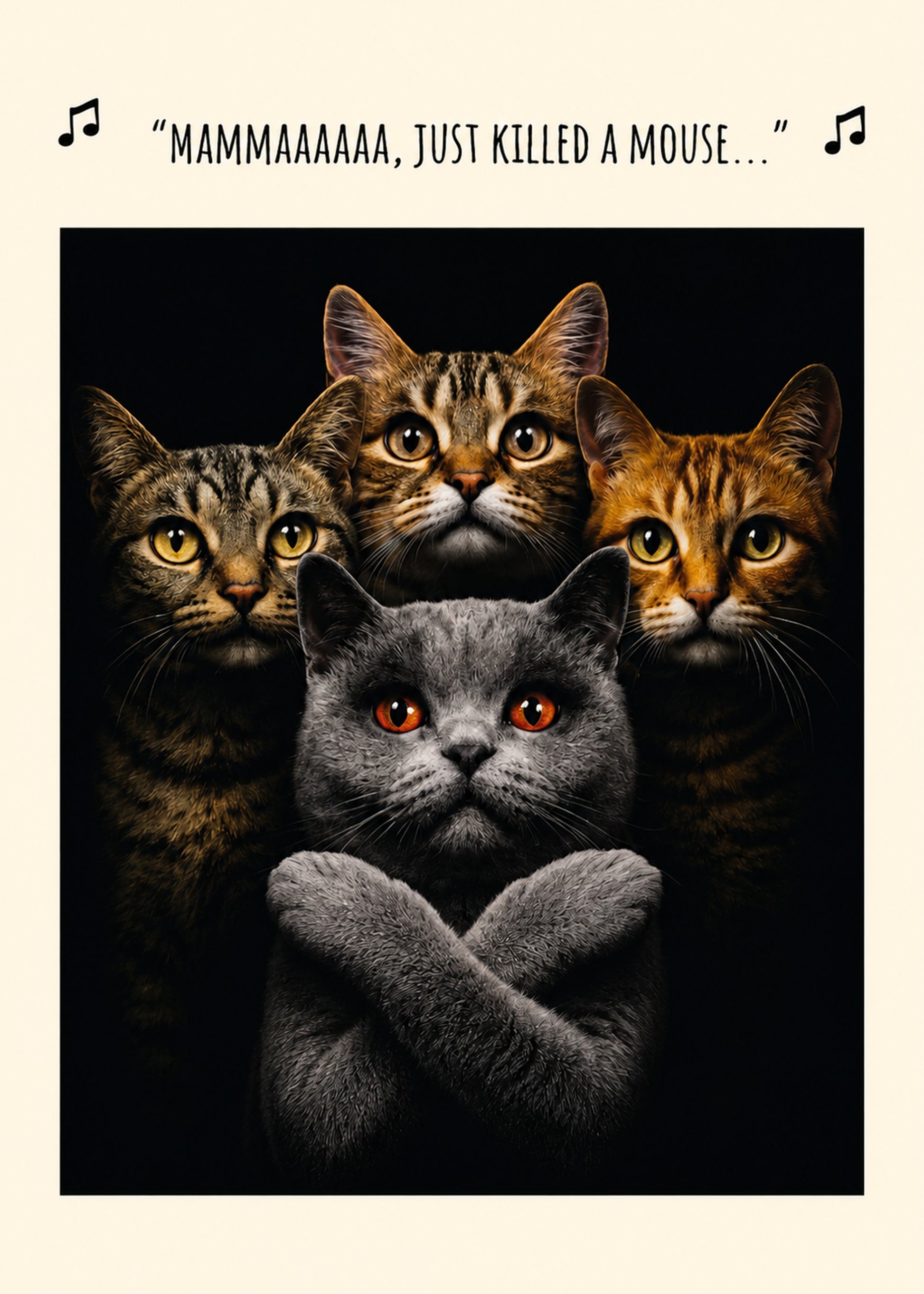 Funny everyday card showing four cats posed dramatically, one crossing its paws, with Mamma text, by Gigglz