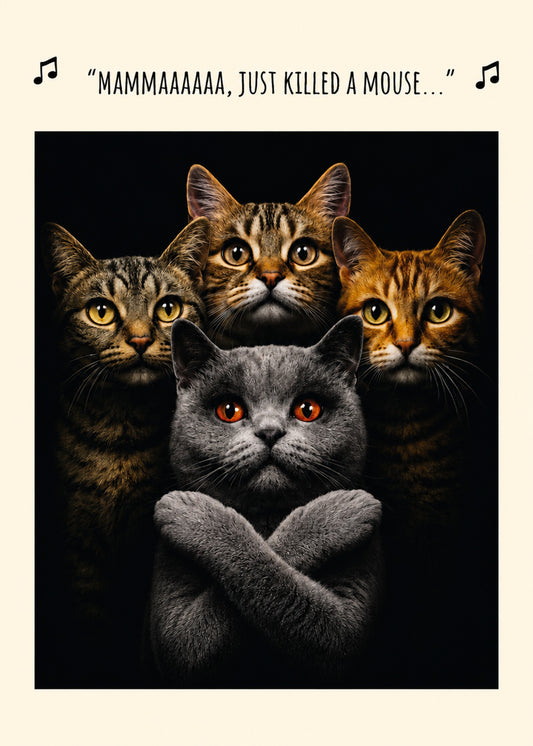 Funny everyday card showing four cats posed dramatically, one crossing its paws, with Mamma text, by Gigglz