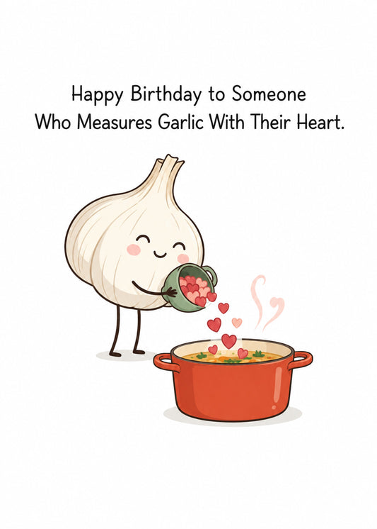 Funny birthday card showing a smiling cartoon garlic bulb pouring a cup of hearts into a bubbling casserole pot, by Gigglz