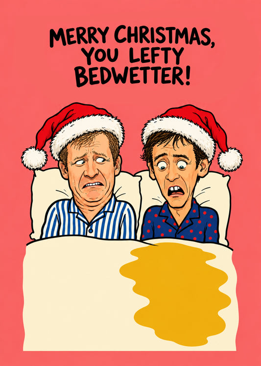 Funny political Christmas card: two startled cartoon men in Santa hats in a shared bed with a suspicious stain, by Gigglz