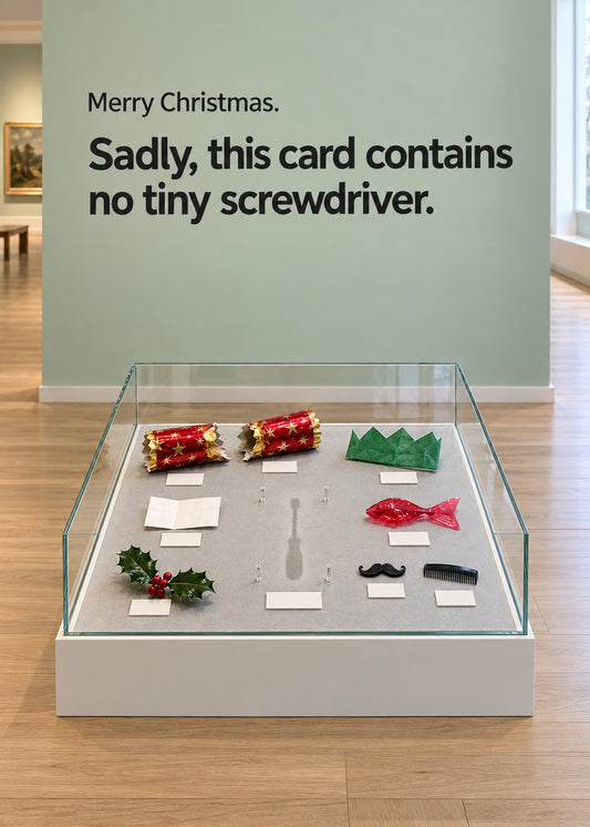 Funny Christmas card showing a photoreal museum display case exhibiting Christmas cracker contents: paper hat, by Gigglz