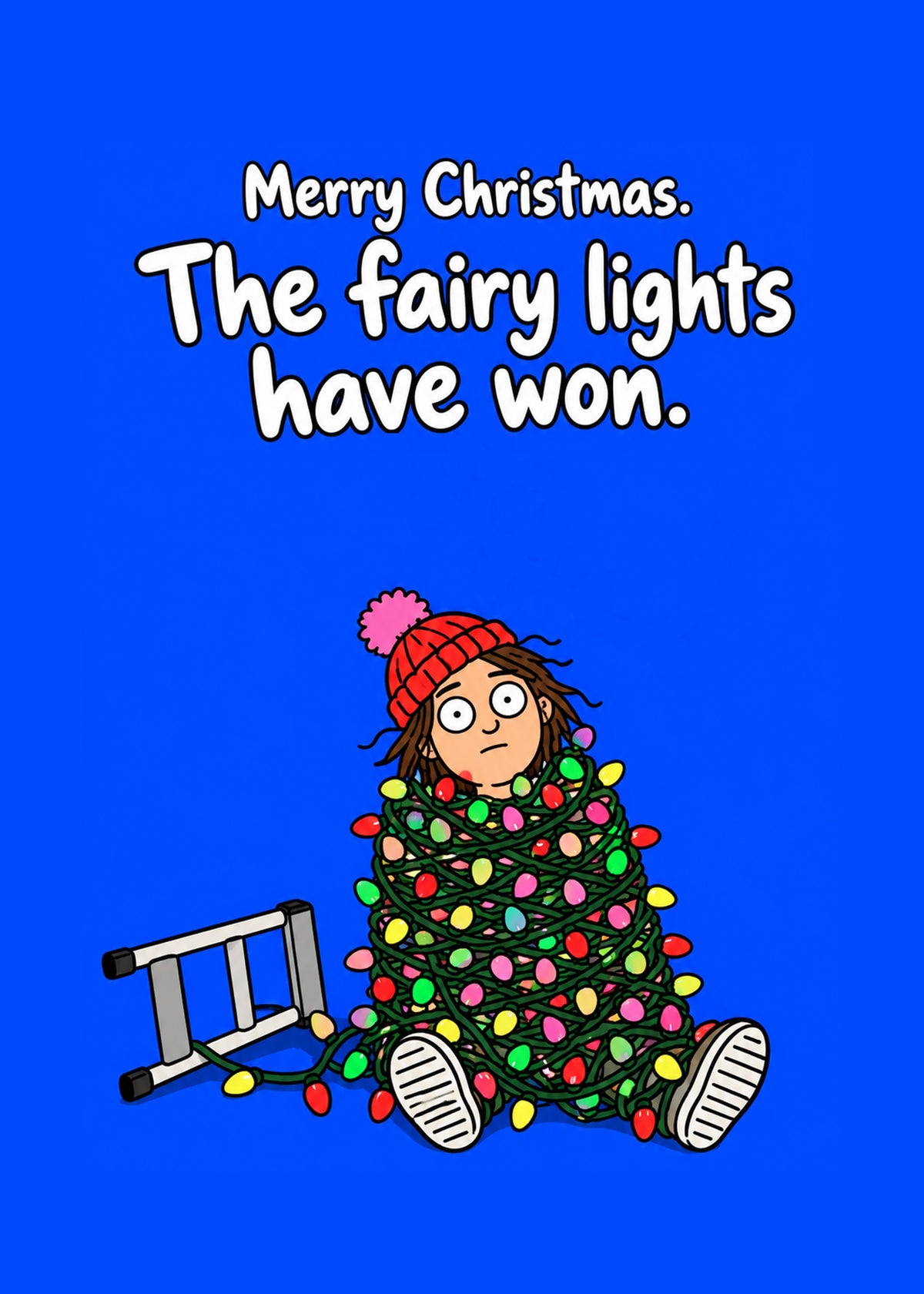 Funny Christmas card showing a hand-drawn cartoon of a wide-eyed woman in a bobble hat completely cocooned, by Gigglz
