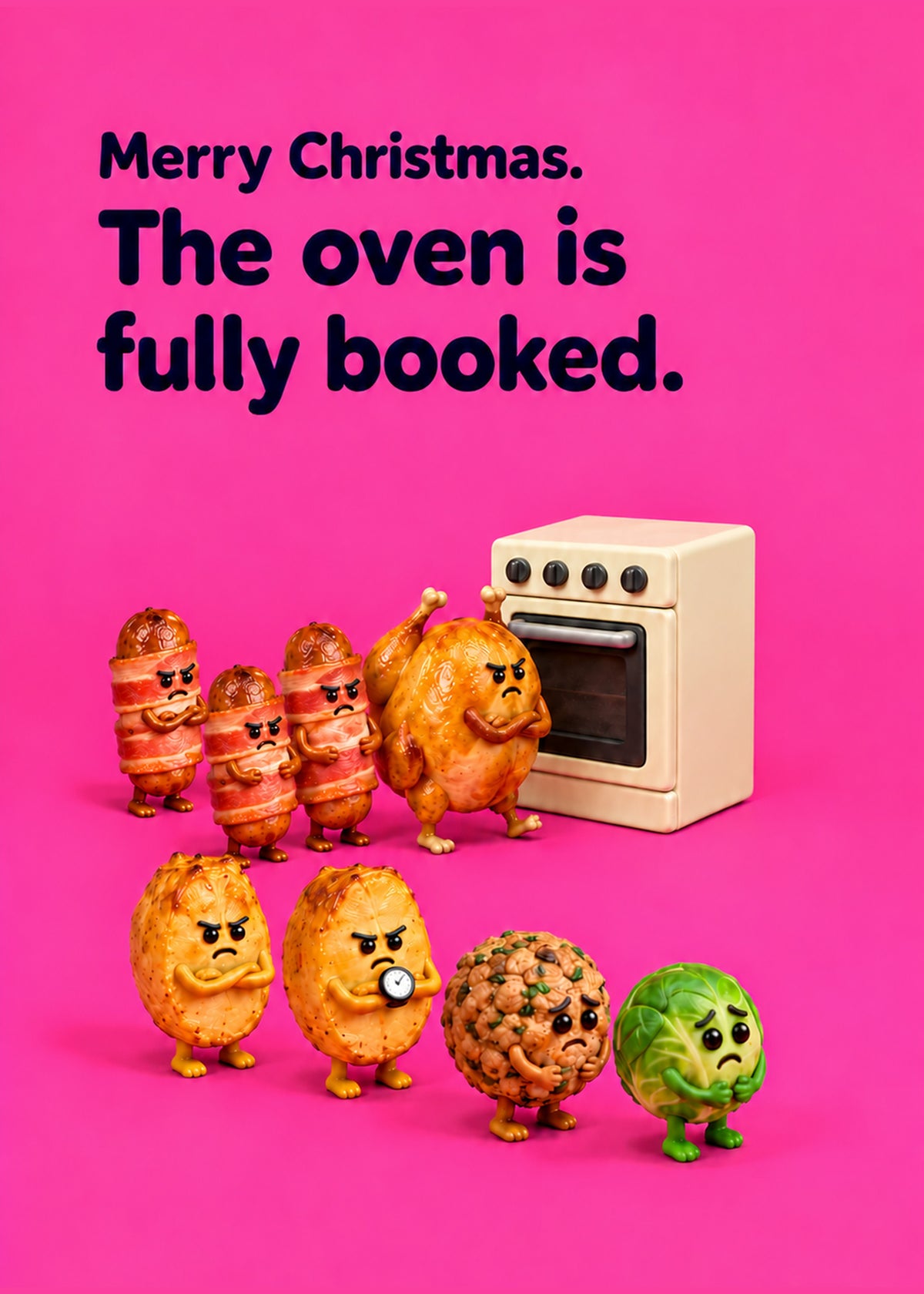 Funny Christmas card showing grumpy clay-style pigs in blankets, roast potatoes, a stuffing ball and a sprout, by Gigglz