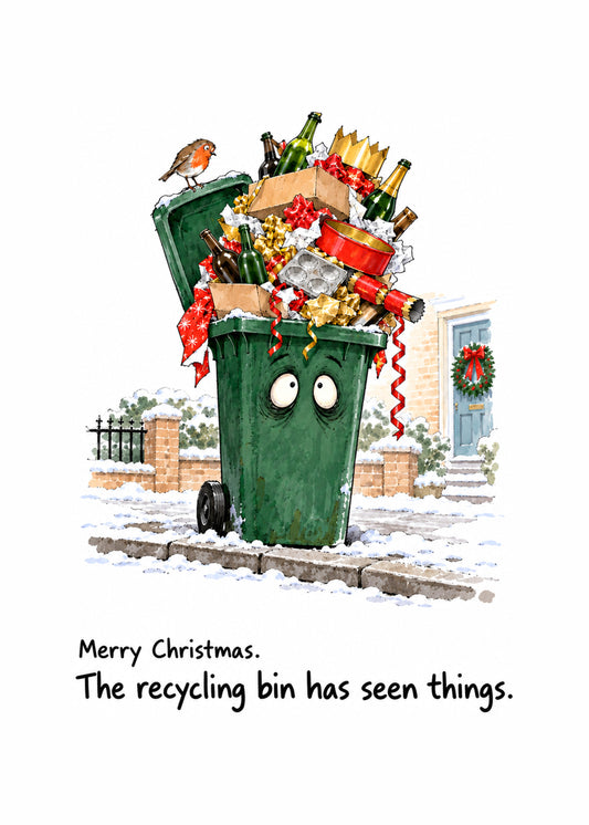 Funny Christmas card showing a traumatised green wheelie bin on a snowy kerb overflowing with bottles, wrapping, by Gigglz