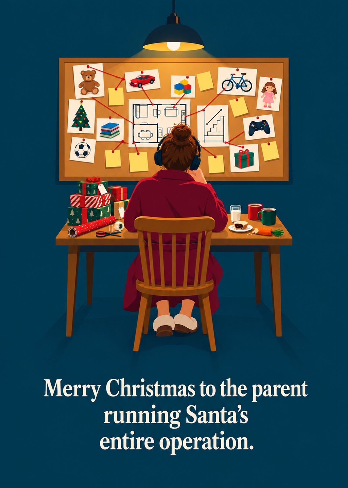 Funny Christmas card showing a mum in a dressing gown at a late-night desk beneath a detective-style corkboard, by Gigglz