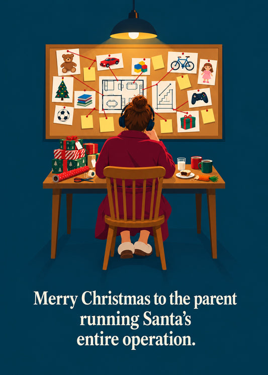 Funny Christmas card showing a mum in a dressing gown at a late-night desk beneath a detective-style corkboard, by Gigglz