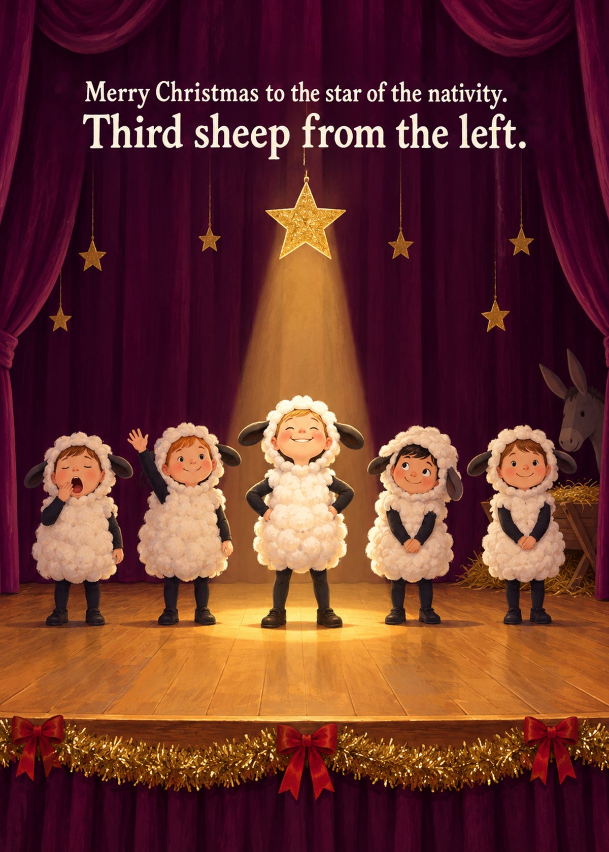 Funny Christmas card showing five children in fluffy sheep costumes on a school stage, the middle one beaming, by Gigglz