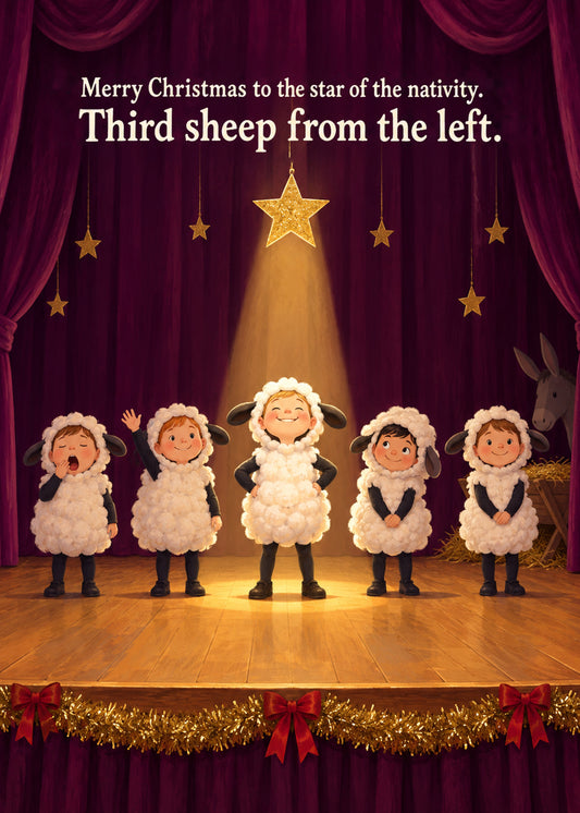 Funny Christmas card showing five children in fluffy sheep costumes on a school stage, the middle one beaming, by Gigglz