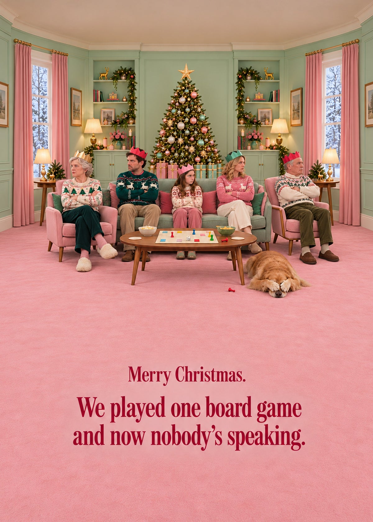 Funny Christmas card showing a symmetrical pastel living room where a stony-faced family in paper crowns sit, by Gigglz
