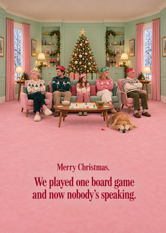 Funny Christmas card showing a symmetrical pastel living room where a stony-faced family in paper crowns sit, by Gigglz