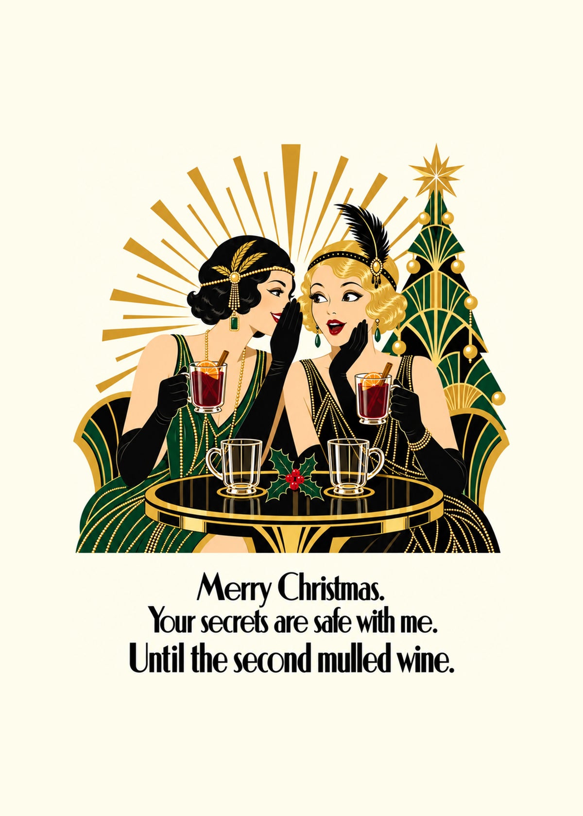 Funny Christmas card showing an art deco illustration of two glamorous 1920s flappers gossiping over mulled wine, by Gigglz