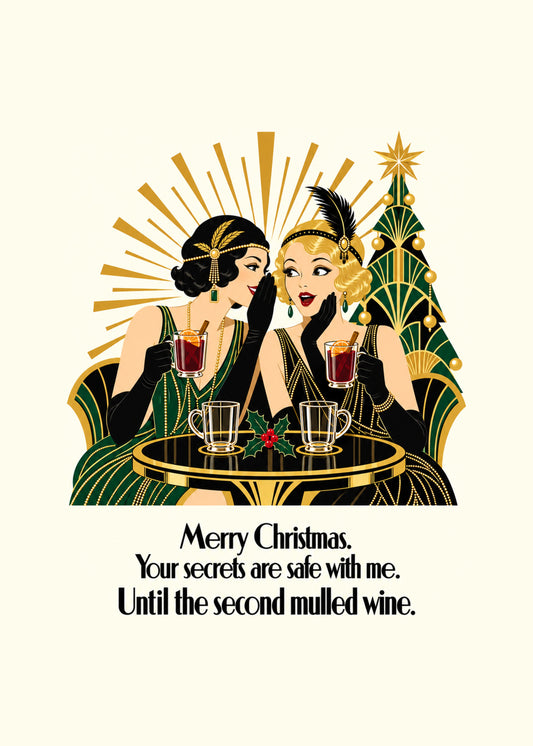 Funny Christmas card showing an art deco illustration of two glamorous 1920s flappers gossiping over mulled wine, by Gigglz