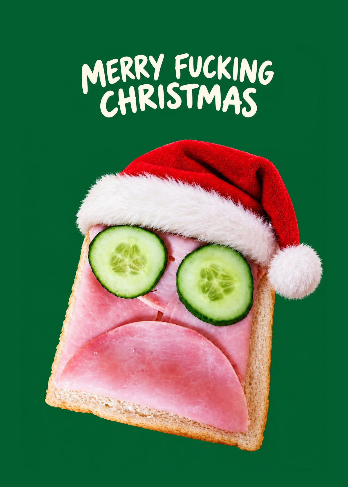 Rude Christmas card showing a photoreal sad-faced ham sandwich with cucumber-slice eyes wearing a Santa hat, by Gigglz