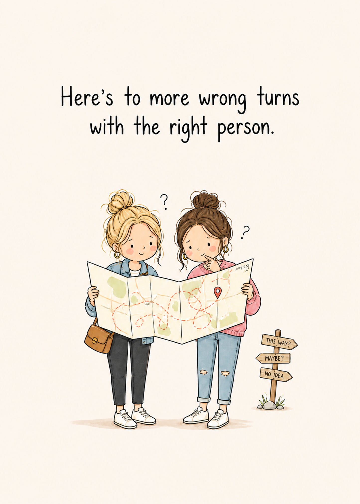More Wrong Turns friendship card with two people holding a map and the caption “Here’s to more wrong turns with the right person.”