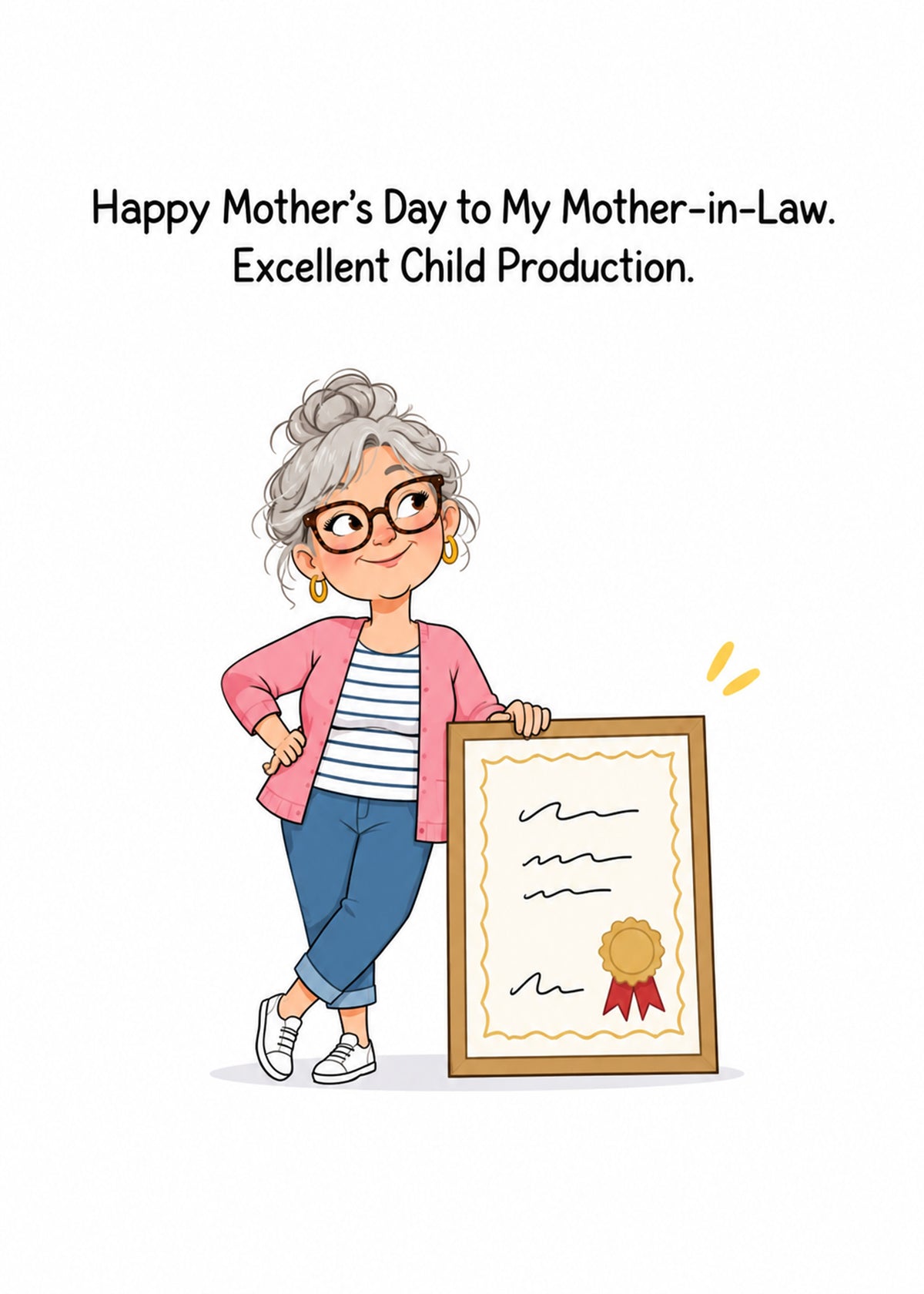 Funny Mother's Day card showing a smiling silver-haired woman in a pink cardigan proudly holding a framed, by Gigglz