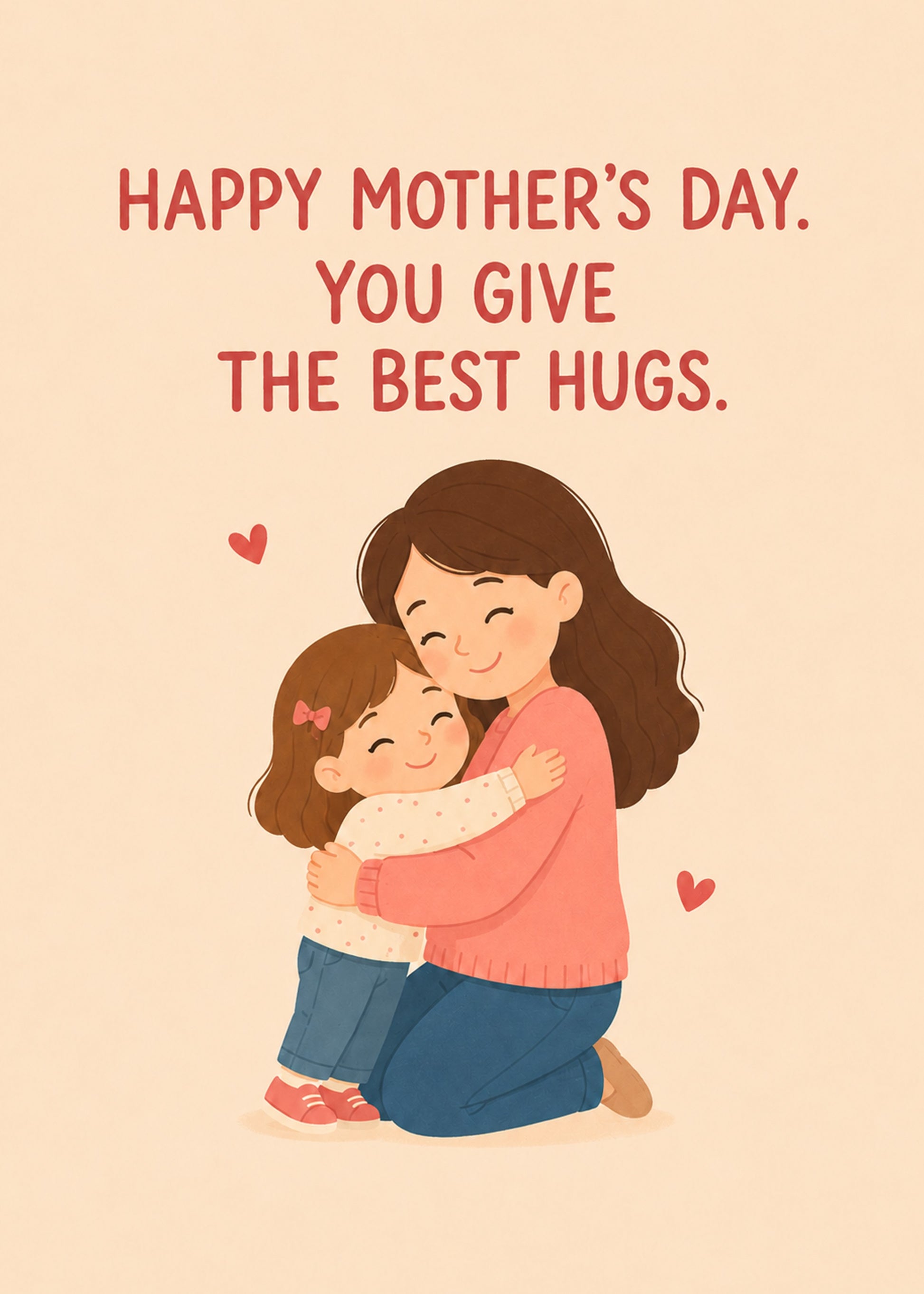 Cute Mother's Day card showing a mum kneeling to hug her young daughter, both smiling, by Gigglz