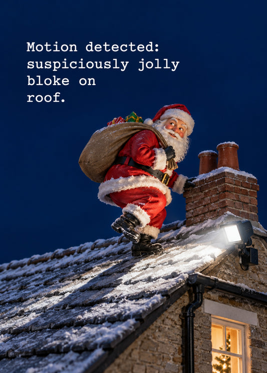 Funny Christmas card showing a photoreal Santa caught by a security floodlight as he climbs over a snowy chimney, by Gigglz