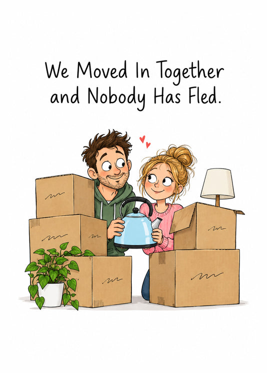 Funny anniversary card showing a happy cartoon couple surrounded by moving boxes, a kettle and a lamp on a white, by Gigglz