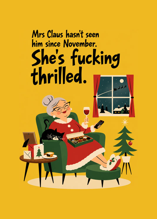 Rude Christmas card showing a retro mid-century Mrs Claus reclining in an armchair with wine, chocolates, by Gigglz