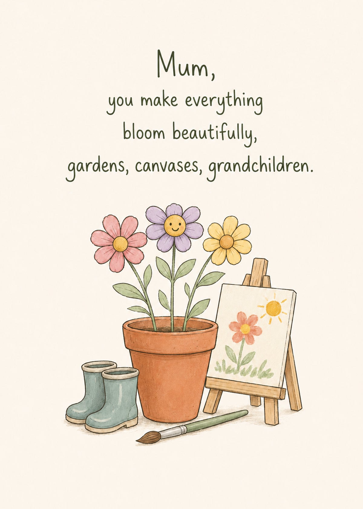 Birthday card for Mum with flowers, gardening and painting by Gigglz