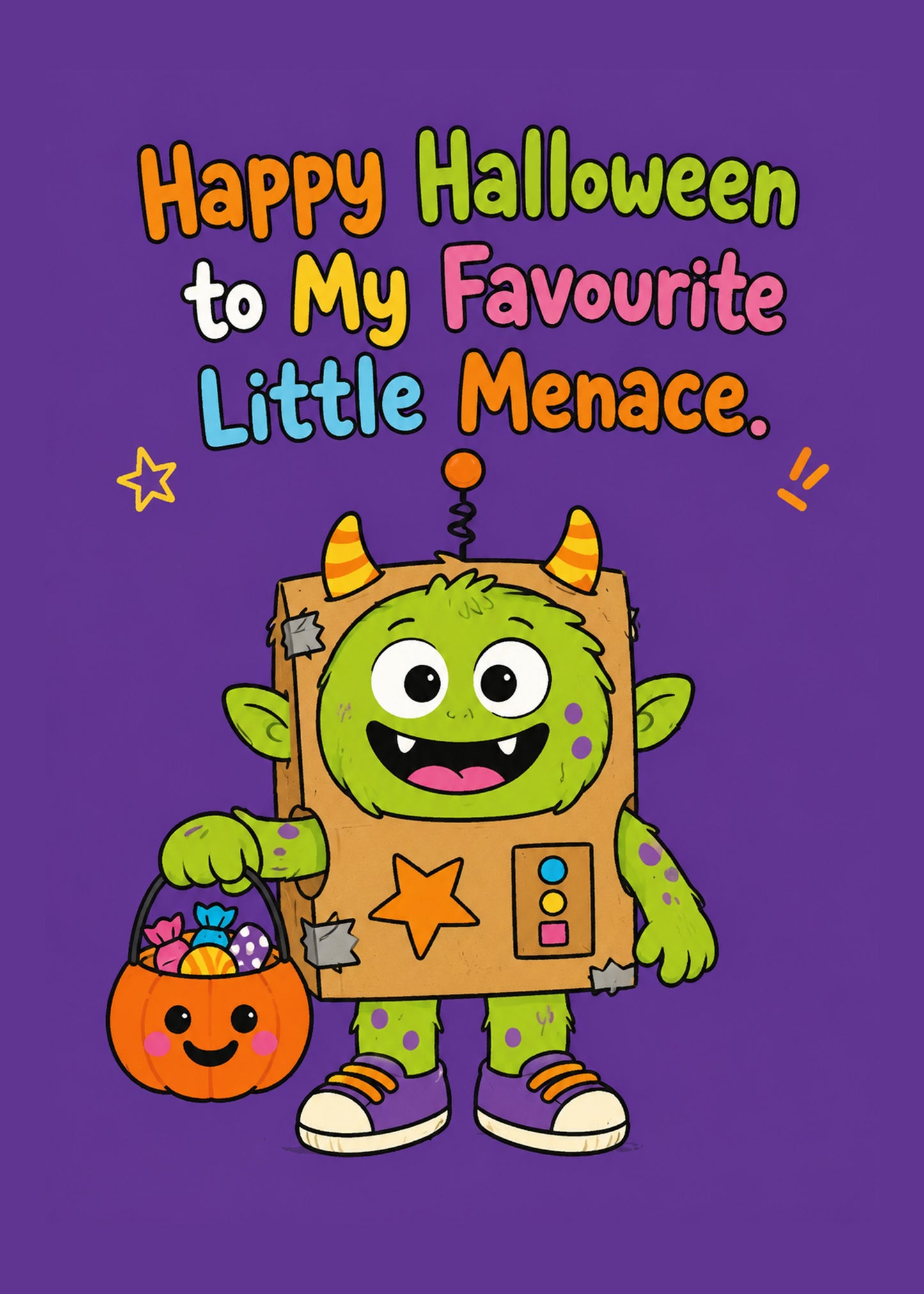 Cute Halloween card showing a happy child in a cardboard monster costume holding a pumpkin sweet bucket, by Gigglz