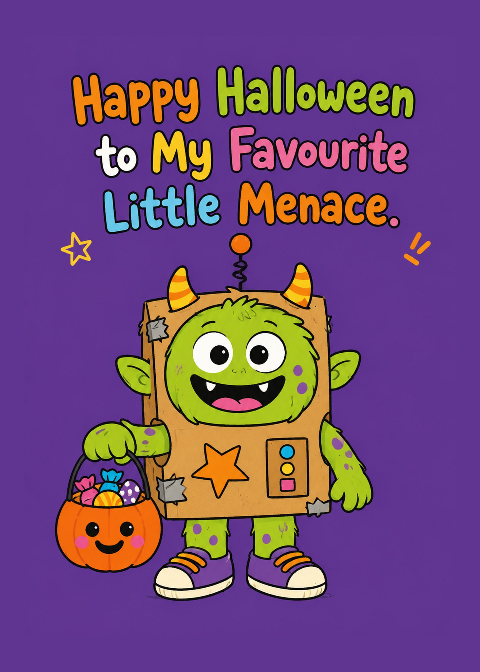 Cute Halloween card showing a happy child in a cardboard monster costume holding a pumpkin sweet bucket, by Gigglz