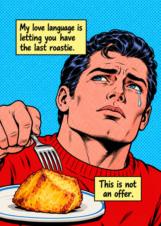Funny Christmas card showing a pop-art comic panel of a tearful square-jawed man in a red jumper clutching a fork, by Gigglz