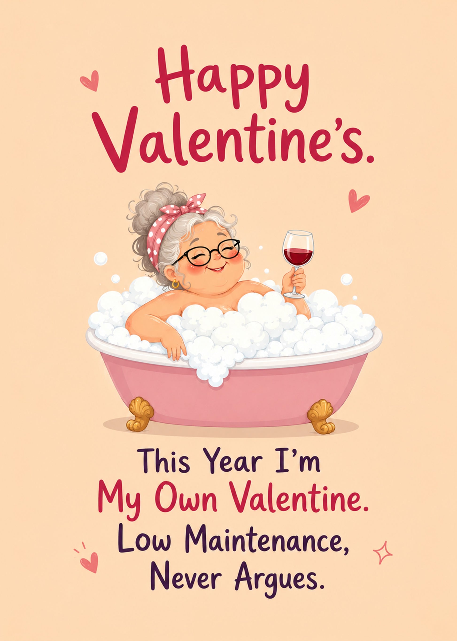 Funny Valentine's card showing a happy older woman relaxing in a bubble bath with a glass of red wine, by Gigglz