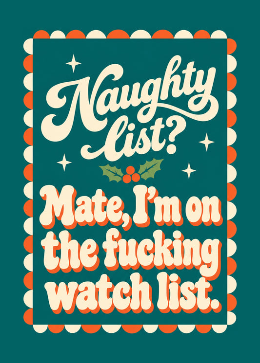 Rude Christmas card showing retro cream script and chunky 70s lettering inside a scalloped frame with holly, by Gigglz