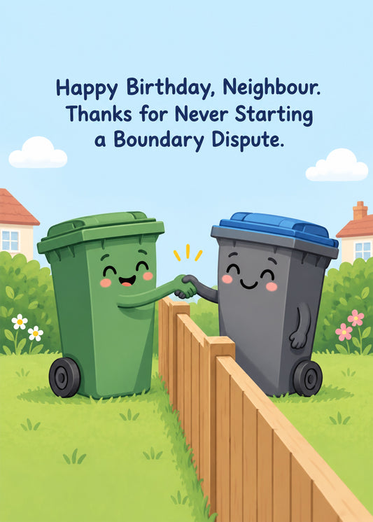 Funny birthday card showing two smiling cartoon wheelie bins shaking hands over a garden fence on a sky-blue, by Gigglz