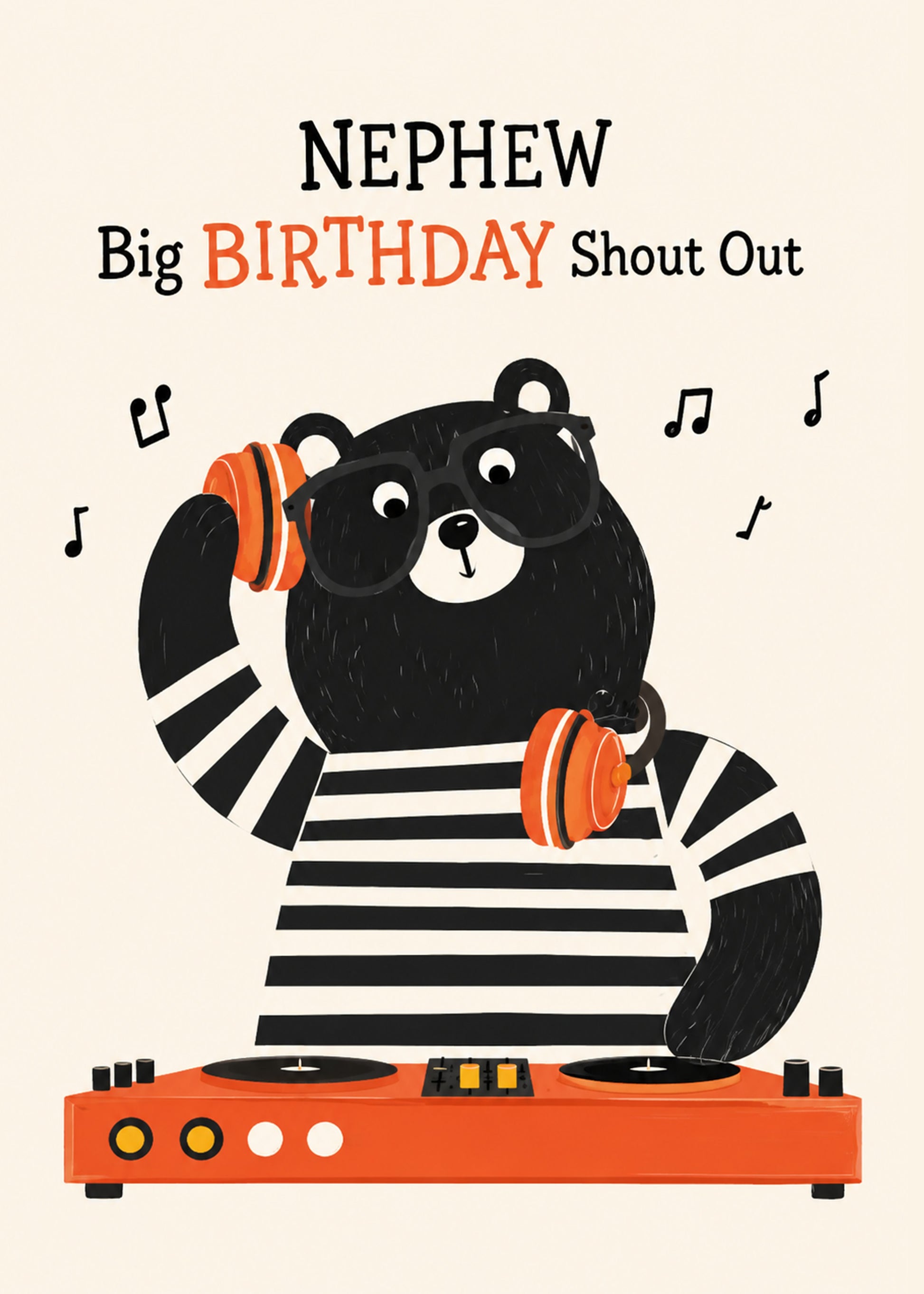 Funny birthday card showing a cool bear DJ wearing headphones and sunglasses at orange turntables, by Gigglz