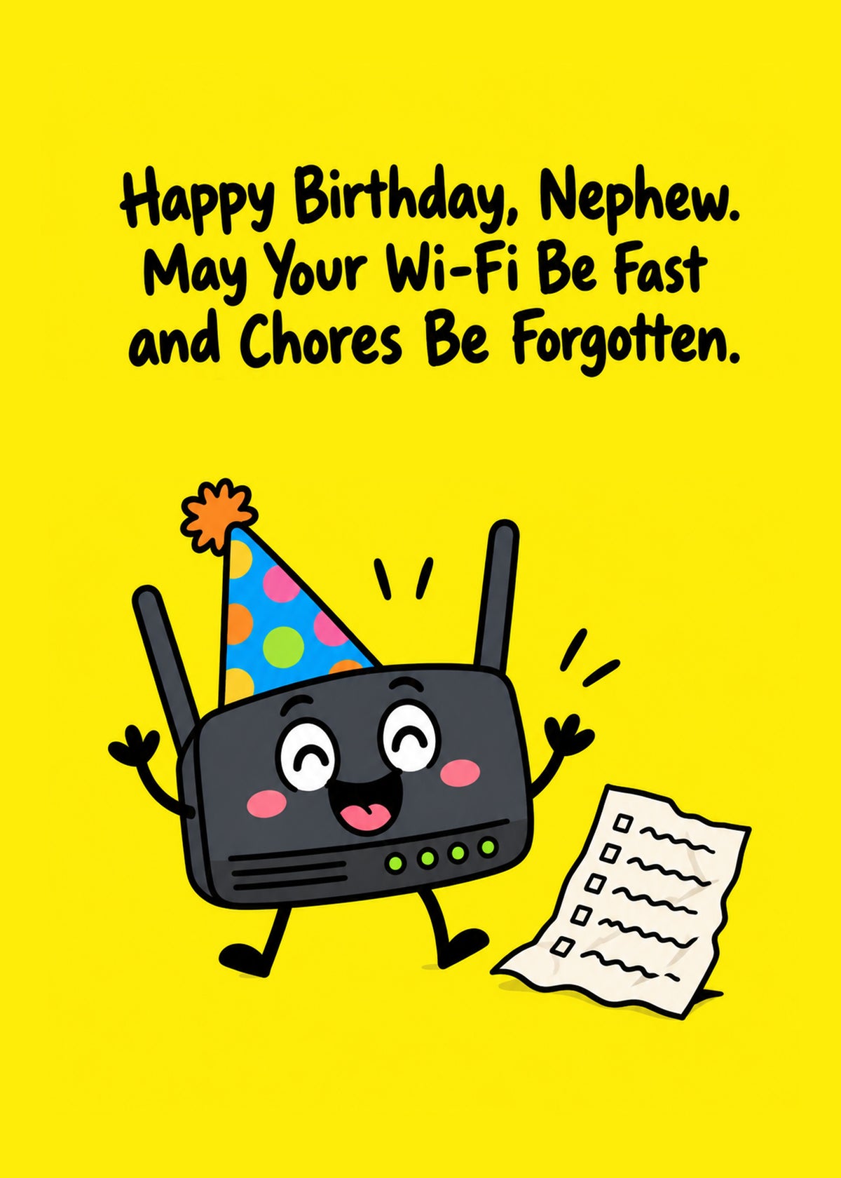 Funny birthday card showing a cheering cartoon Wi-Fi router in a party hat next to a discarded chores list, by Gigglz