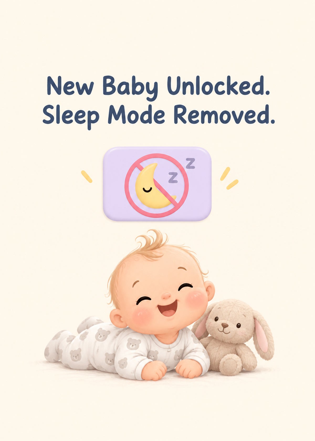 Funny new baby card showing a giggling baby in a teddy-print sleepsuit with a bunny beneath a crossed-out, by Gigglz