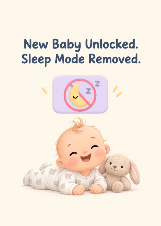 Funny new baby card showing a giggling baby in a teddy-print sleepsuit with a bunny beneath a crossed-out, by Gigglz