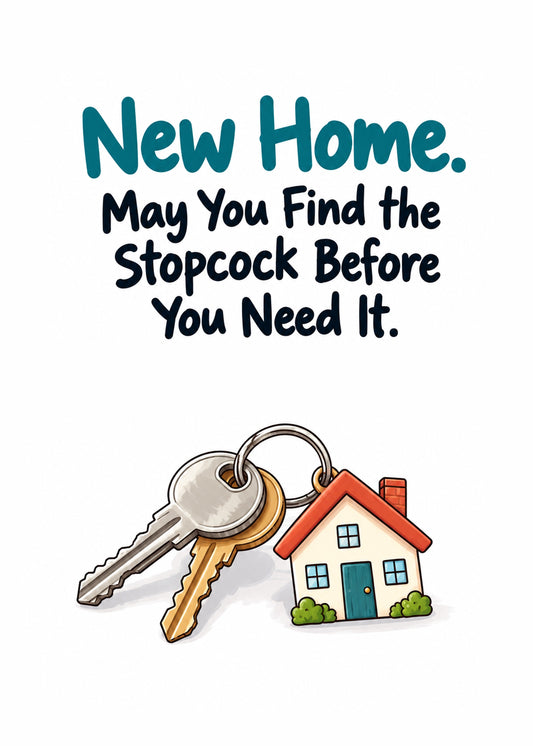 Funny new home card showing bold teal and black lettering above a set of house keys with a little house keyring, by Gigglz