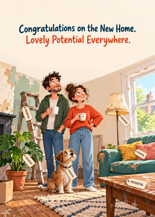 Funny new home card showing a hopeful couple with mugs and a puppy in a peeling fixer-upper living room where, by Gigglz