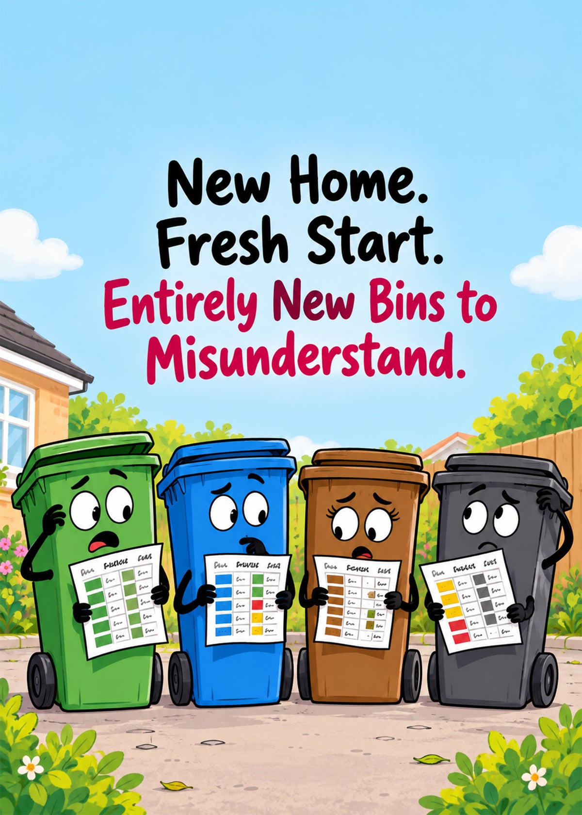 Funny new home card showing four baffled cartoon wheelie bins in green, blue, brown and black studying collection, by Gigglz